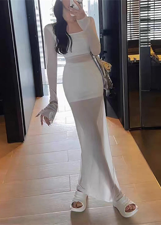 White Hollow Tulle Long Sleeved Dress Set for Summer