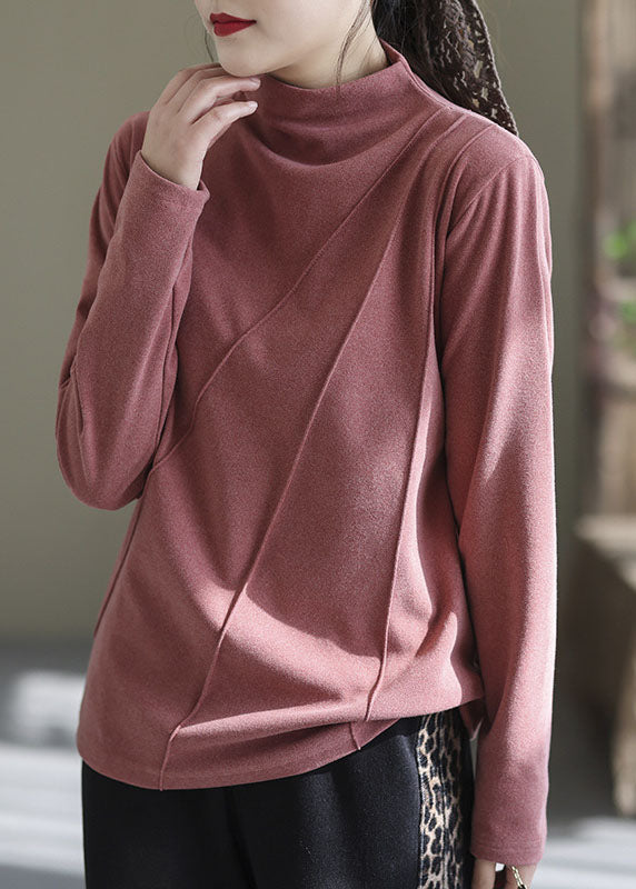 Pink High Neck Wrinkled Velour Shirt Winter