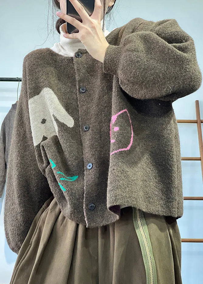 Coffee O Neck Button Knit Coat Long Sleeve