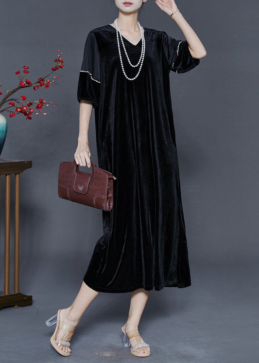Black Oversized Side Open Silk Velvet Party Dress Summer