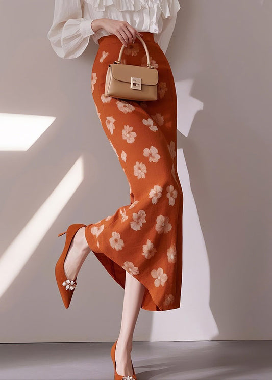 Slim Fit Orange Print High Waist Cotton Skirts Summer