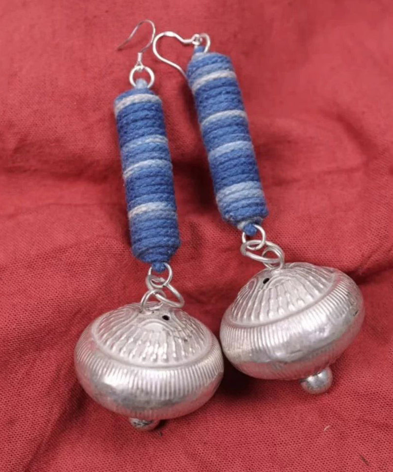 Blue Sterling Silver Tie Dye Cylinder Small Bell Drop Earrings