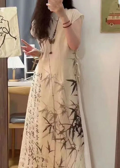 Chinese Style Bamboo Ink Painting Lace Up Dress for Summer