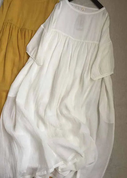 Yellow O-neck Patchwork Wrinkled Long Dresses Short Sleeve