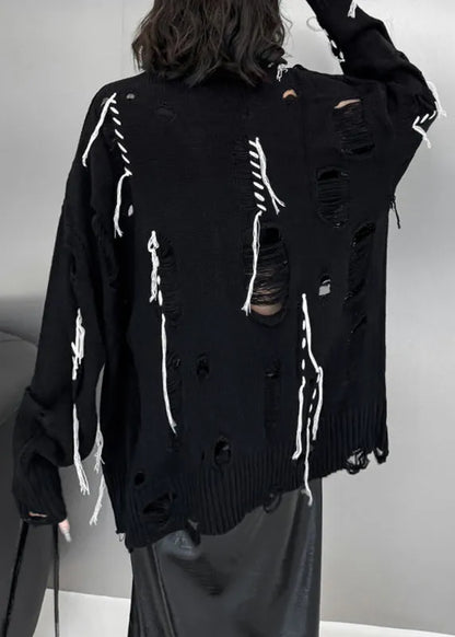 Black O-neck Hole Cozy Cotton Knit Sweater Tops Fall