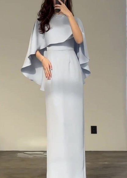 Slim Fit Light Blue Silk Shawl Waist Cinched Dress