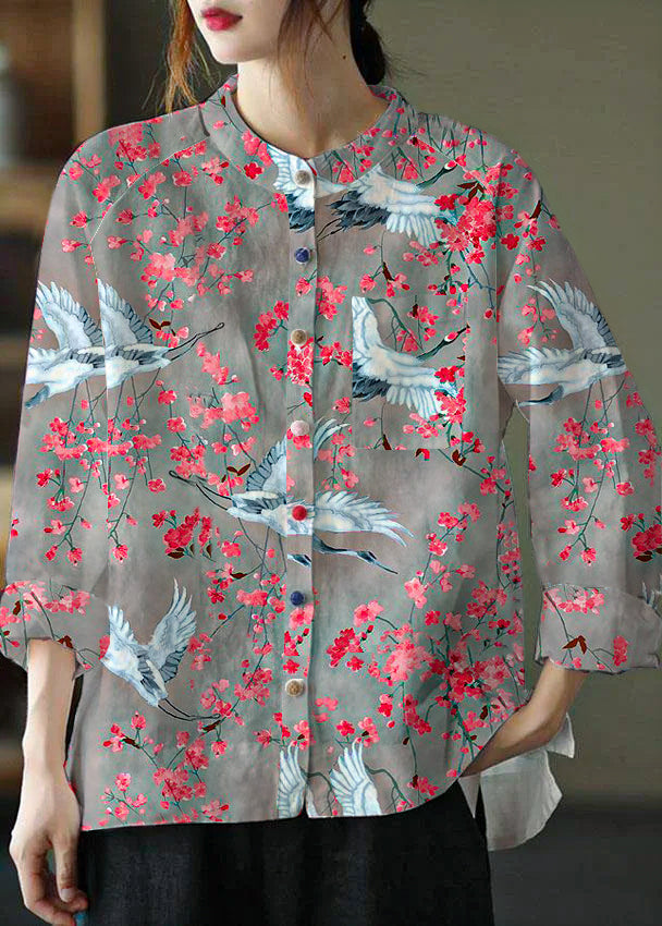 Modern Gray Crane Loose Patchwork Pockets Fall Long Sleeve Blouse Top