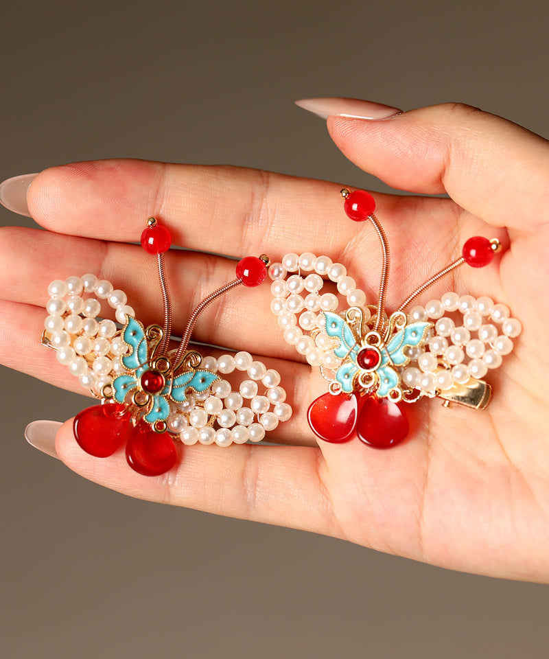 Red Alloy Pearl Colored Glaze Butterfly Kids a Pair Hairpin