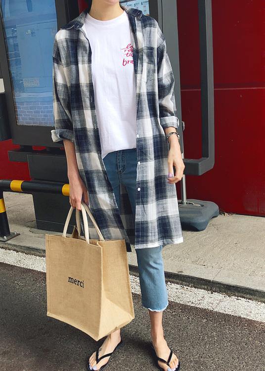 Lapel Pockets Linen Cotton Tops Plaid Baggy Shirt