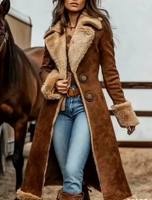 Brown Peter Pan Collar Patchwork Fleece Wool Lined Coat Outwear Spring