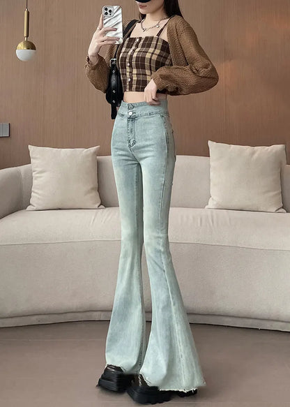 Light Blue High Waist Denim Bell-bottom Trousers Spring