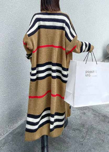 French Khaki Retro Striped Loose Fall Knit Sweater Coat