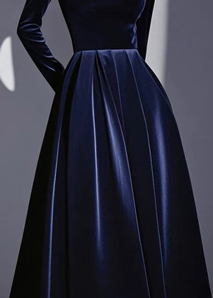 Slim Fit Navy Turtleneck High Waist Silk Velvet Dresses Spring