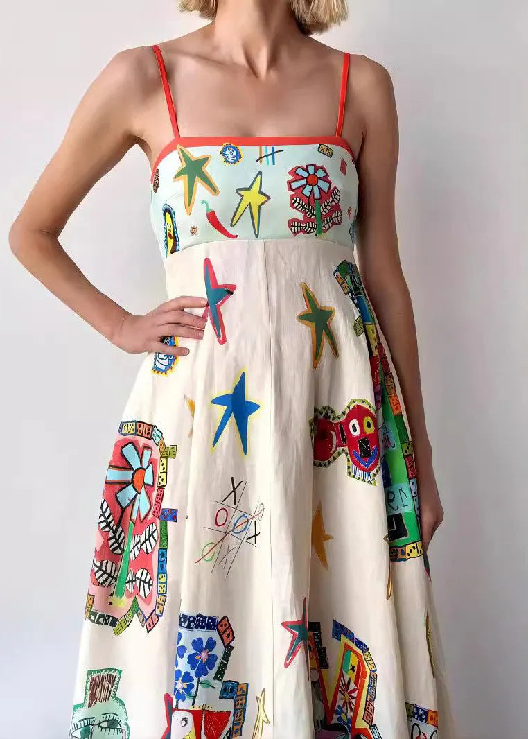 European and American Style Print Cotton Spaghetti Strap Dress Summer