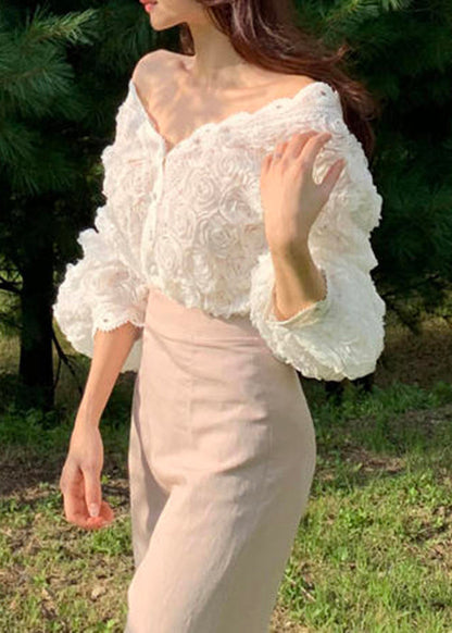 White Button Lace Shirt V Neck Fall