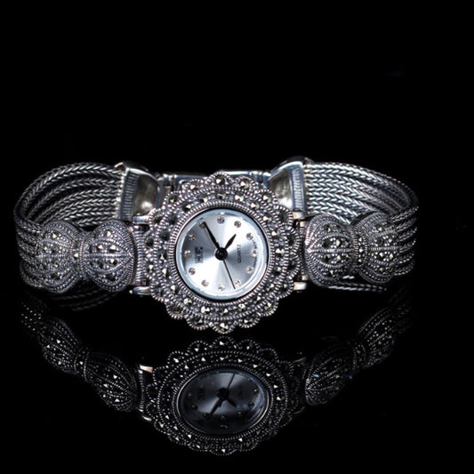 Diy Silk Sterling Silver Quartz Movement Tempered Glass Bow Wrist Watch