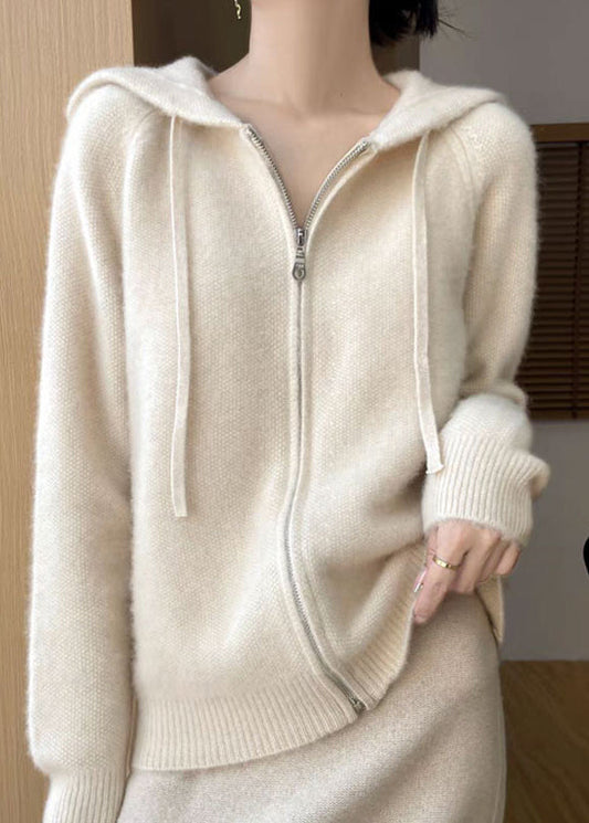 Beige Hooded Zippered Cotton Knit Coat Fall