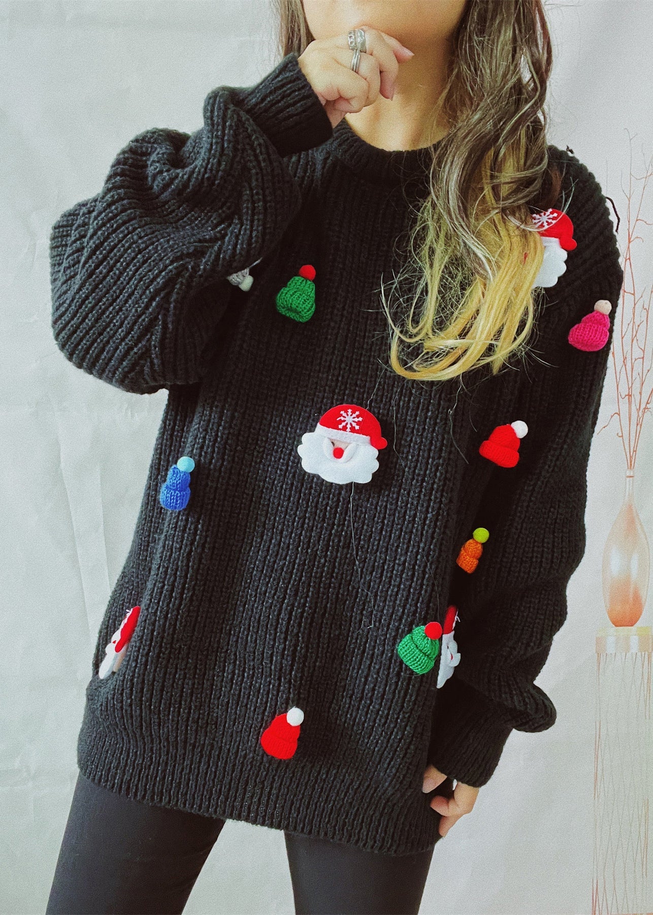 Black Thick Christmas Decorated Knit Sweater Winter