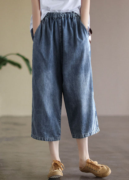 Baggy Light Blue Elastic Waist Pockets Denim Cotton Wide Leg Pants Summer