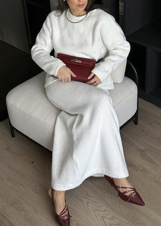 White O Neck Sweaters and Skirts Knit Two Pieces Set Fall