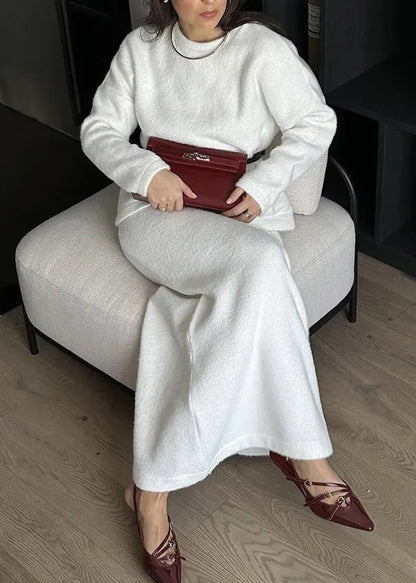 White O Neck Sweaters and Skirts Knit Two Pieces Set Fall