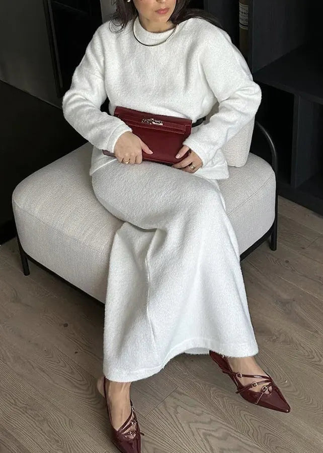 White O Neck Sweaters and Skirts Knit Two Pieces Set Fall