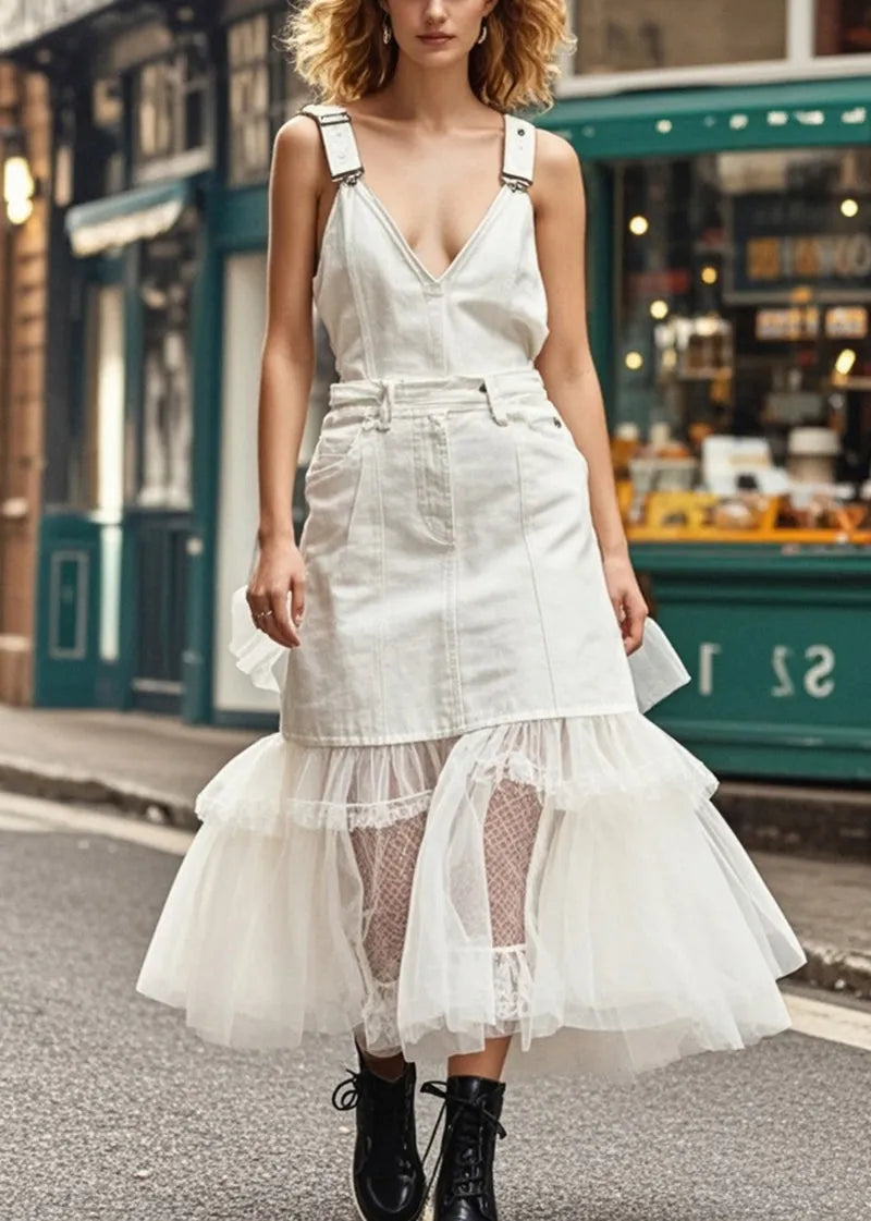White V Neck Patchwork Tulle Denim Dresses Summer