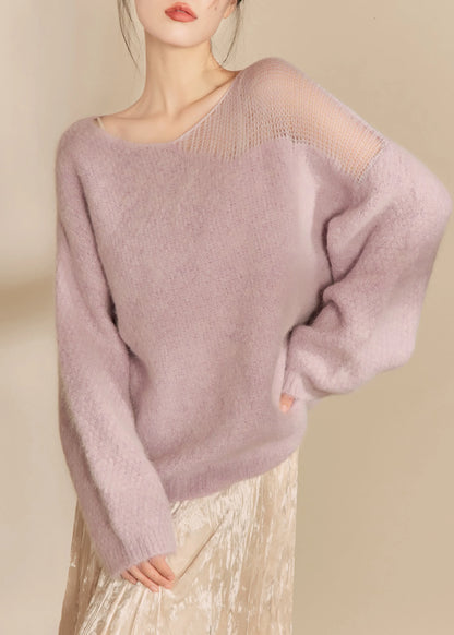 French Purple O Neck Hollow Out Woolen Sweater Tops Fall