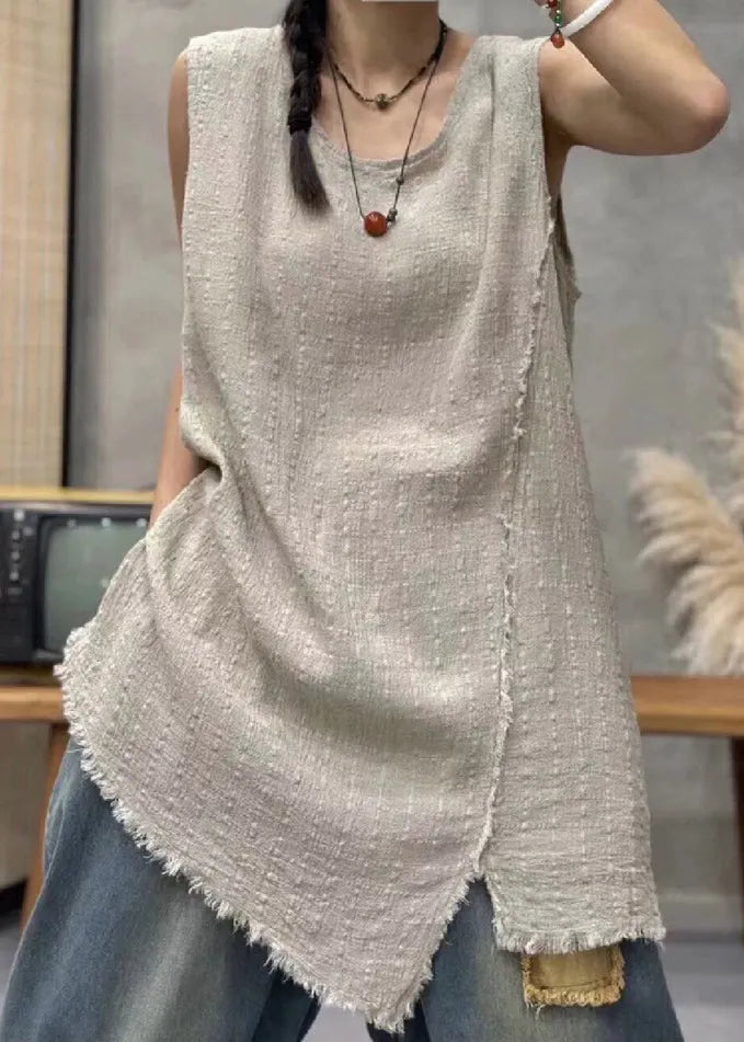 Light Khaki Asymmetrical Linen Waistcoat Sleeveless