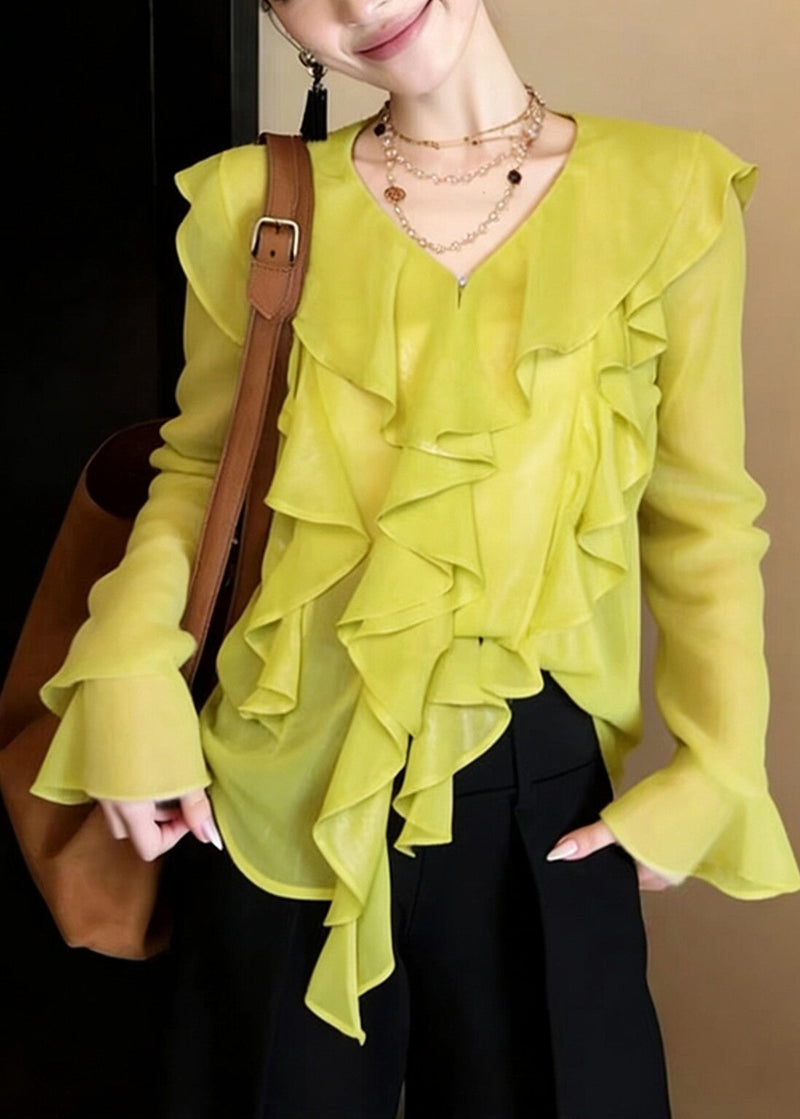Boutique Fluorescent Green Ruffled Chiffon Top Flare Sleeve
