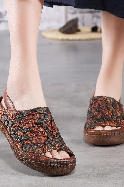Genuine Leather Sandals Flower Elastic Band Flat Heel Sandals
