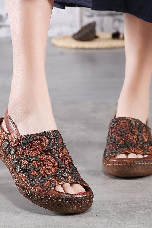 Genuine Leather Sandals Flower Elastic Band Flat Heel Sandals