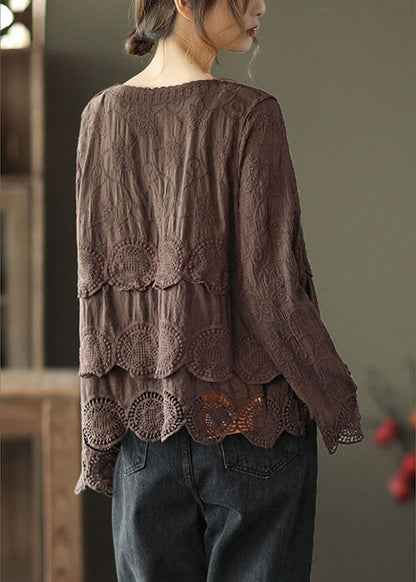 Chocolate Embroidered Hollow Out Fall Long Sleeve Shirt Tops