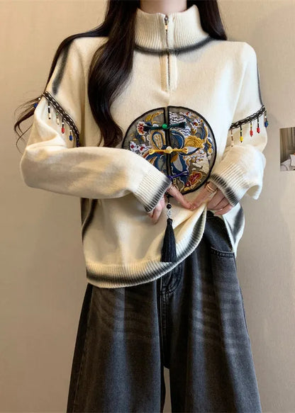 Beige Hign Neck Embroidered Knit Sweaters Spring