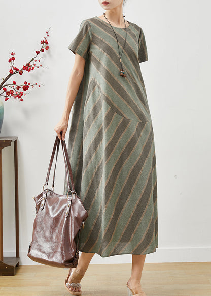 Green Striped Patchwork Cotton Long Dress Summer