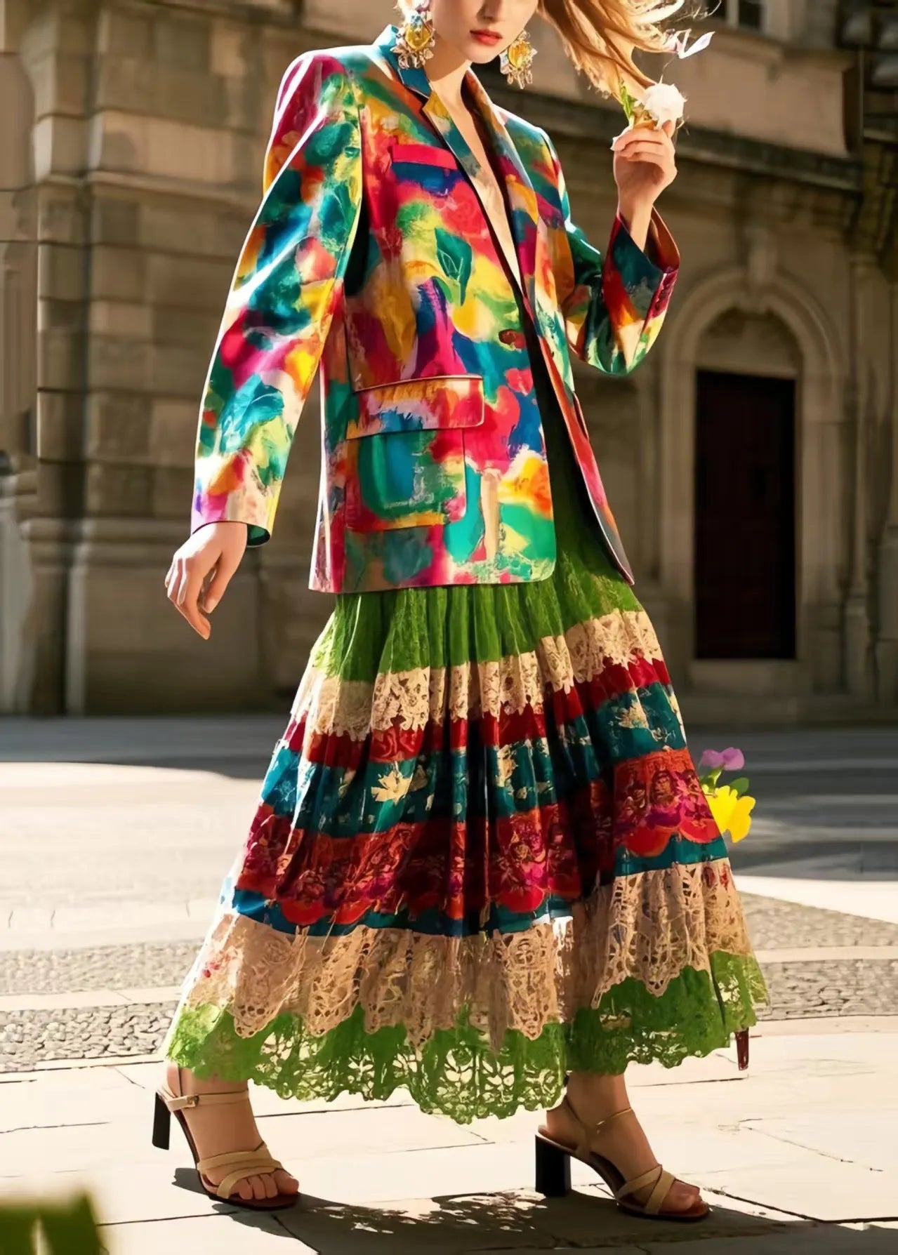 Polychrome Hollow Out Exra Large Hem Lace Skirt Spring