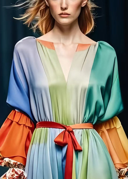 Rainbow Cinched Patchwork Silk Dress Lantern Sleeve