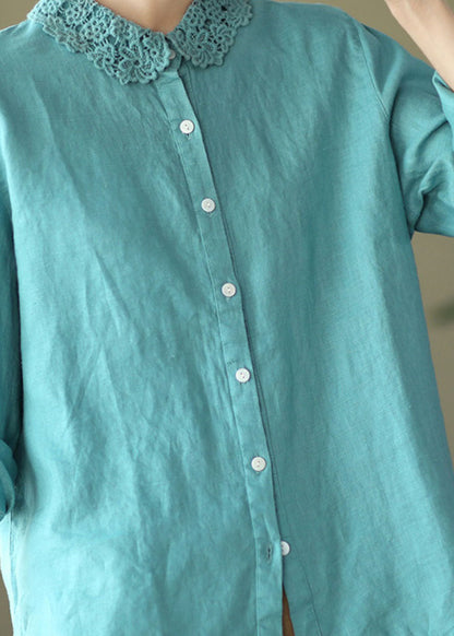 Blue Embroidered Patchwork Linen Blouse Top Long Sleeve