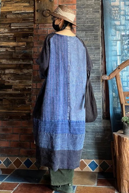 -retro Cotton Linen Distressed Colorblock Dress