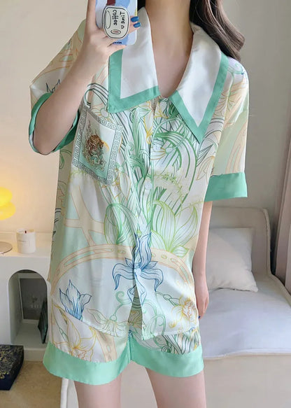 Green Print Button Shirt and Shorts Ice Silk Pajamas Two Pieces Set Summer