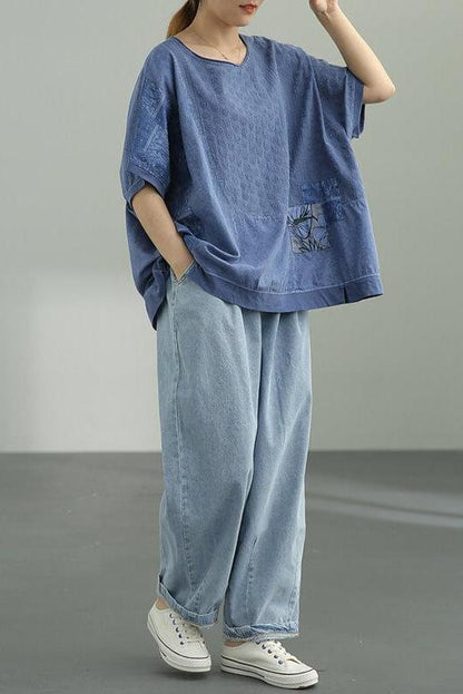 Cotton Linen Patchwork Stitching Split T-shirt