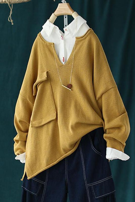 Autumn Big Pocket V-neck Sweater