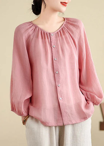 Brief Pink O-neck Tops Puff Sleeve