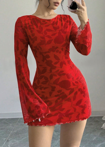 Red Backless Print Lace Up Cotton Dresses Flare Sleeve