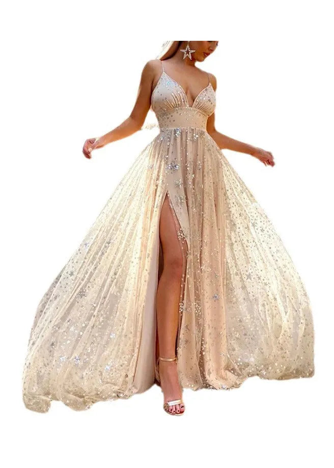 European and American Sequins Side Open Spaghetti Strap Dress Summer