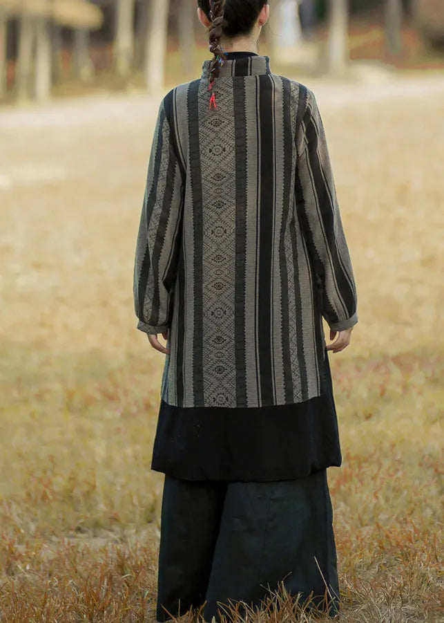 Black Stand Collar Striped Button Cotton Coats Long Sleeve