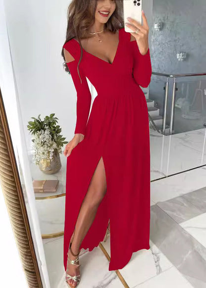 New Red V Neck Cold Shoulder Side Open Dress Fall
