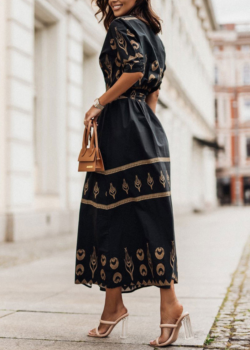 White Stand Collar Print Lace Up Cotton Dress Summer