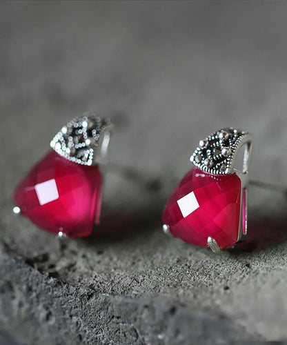 Red Sterling Silver Inlaid Gem Stone Stud Earrings