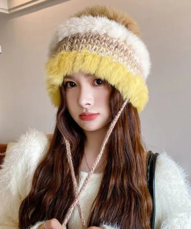 Style Purple Rabbit Knit Patchwork Bucket Hat